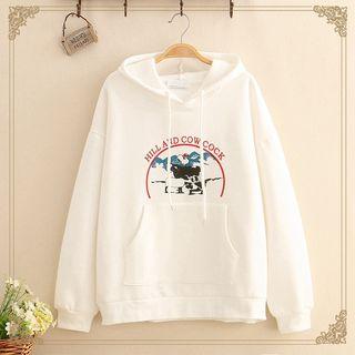 Cow & Cock Print Fleece-lined Hoodie As Shown In Figure - One Size