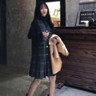 Mock-neck Knit Top / Plaid Overall Dress