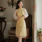 Long-sleeve Mesh Panel Floral Embroidered A-line Dress
