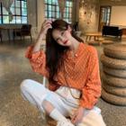 Mandarin-collar Pattern Blouse Orange - One Size