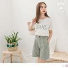 Lettering Cat-print Short-sleeve Round Neck T-shirt