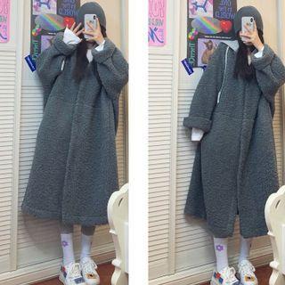 Fleece Zip-up Long Coat Gray - One Size