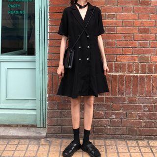 Short-sleeve Double-breasted Dress Black - One Size