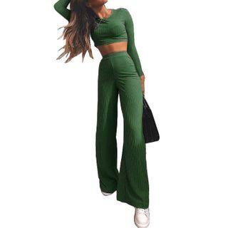 Set: Long-sleeve Crop Top + Straight-fit Pants