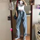 Short-sleeve Cartoon Print Cropped T-shirt / Washed Straight-cut Jeans