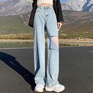 High Waist Lace Panel Cutout Wide Leg Jeans