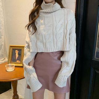 Cropped Cable Knit Turtleneck Sweater White - One Size