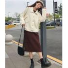 Furry Buttoned Jacket / Long-sleeve Midi Rib-knit Dress