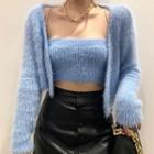 Set: Fluffy Open-front Cardigan + Camisole Top Blue - One Size