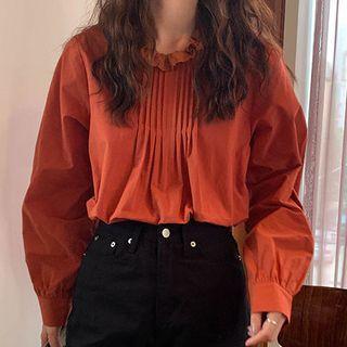 Flower Trim Round-neck Puff-sleeve Shirt