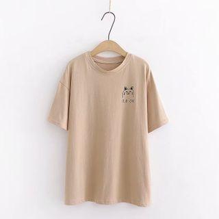 Cat Print Elbow-sleeve T-shirt As Shown In Figure - One Size