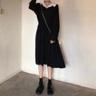 Collared Long-sleeve Pleated Dress Black - One Size