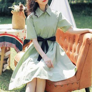 Short-sleeve Sashed Midi A-line Shirt Dress