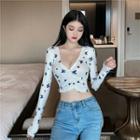 Butterfly Patterned Shirred Cropped Top White - One Size