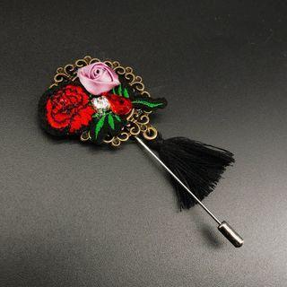 Embroidered Flower Tassel Brooch Black - One Size
