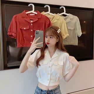 Puff-sleeve Cropped Open-collar Shirt