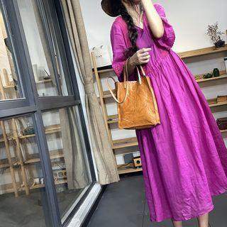 Puff-sleeve Linen A-line Dress