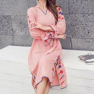 Flower Embroidered Plaid Long-sleeve Midi Dress