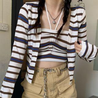Set: Halter-neck Striped Cropped Top + Cardigan Set - Top - Stripe - Black & Beige - One Size / Cardigan - Stripe - Black & Beige - One Size