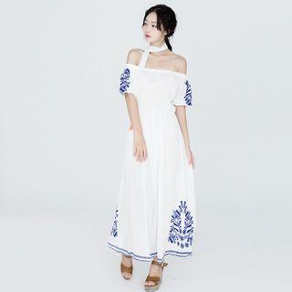 Off-shoulder Short-sleeve Embroidered Maxi A-line Dress