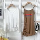 Set: Dip-back Hooded Light Top + Sleeveless Drawstring-side Printed Mini Dress
