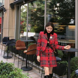 Set: Velvet-trim Wool Plaid Jacket + A-line Skirt + Brooch Red - One Size