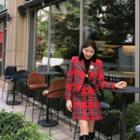 Set: Velvet-trim Wool Plaid Jacket + A-line Skirt + Brooch Red - One Size