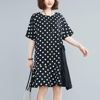 Elbow-sleeve Dot Print Midi Dress