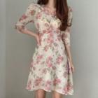 3/4-sleeve Floral Print Dress Floral Print - Pink - One Size