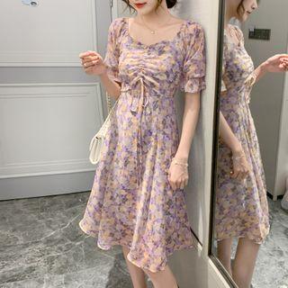 Puff Sleeve Square Neck Drawstring Floral Chiffon Dress