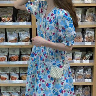 Puff-sleeve Floral Mini Smock Dress Blue - One Size