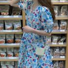 Puff-sleeve Floral Mini Smock Dress Blue - One Size