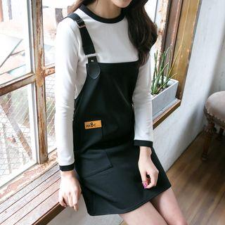 Set: Contrast Trim Long Sleeve Top + Pinafore Dress
