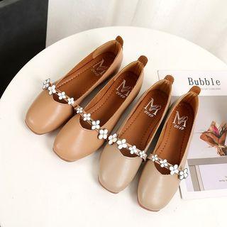 Genuine Leather Flower Detail Strap Flats