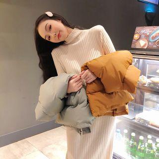 Long-sleeve Mock Neck Midi Knit Dress / Stand Collar Padded Vest