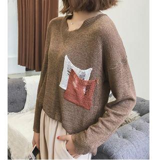 Distressed Pocket V-neck Sweater