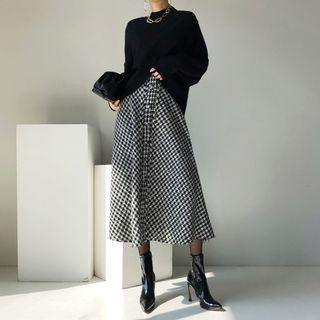 Mock-neck Slit Sweater / Houndstooth Midi A-line Skirt