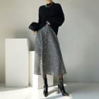 Mock-neck Slit Sweater / Houndstooth Midi A-line Skirt