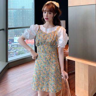 Flower Print Spaghetti Strap Mini A-line Dress / Puff-sleeve Blouse