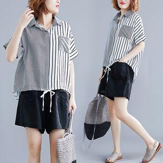 Short-sleeve Striped Panel Blouse As Shown In Figure - One Size