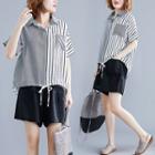 Short-sleeve Striped Panel Blouse As Shown In Figure - One Size