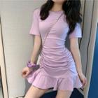 Short-sleeve Shirred Ruffle Hem Mini A-line Dress