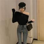 One-shoulder Long-sleeve Knit Top Black - One Size