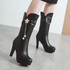 Faux Pearl Flower Faux Leather High-heel Mid-calf Boots