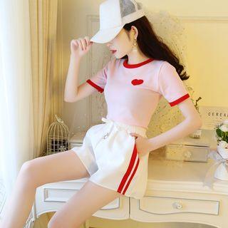 Set: Heart Print Short-sleeve Knit Top + Drawstring Shorts