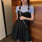 Glittered Short-sleeve Slim-fit Top / Pleated Sleeveless Dress