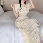 Short-sleeve Square Neck Blouse / Layered Midi A-line Skirt