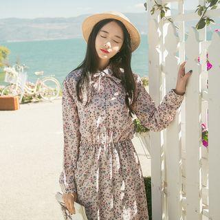 Floral Print Tie Neck Long Sleeve Chiffon Dress