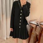 Long-sleeve Mini A-line Pleated Dress Black - One Size