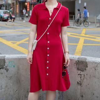Short-sleeve Knit Shirt Dress Wine Red - One Size